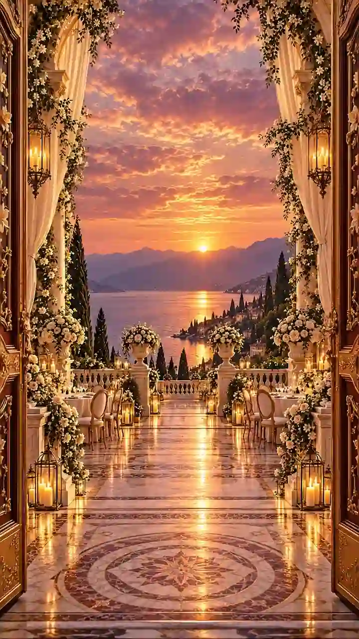 Terraza iluminada al atardecer con vista al lago